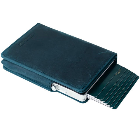 Double Oak Essentials Pop-up Wallet | RFID Blocking Leather Minimalist Wallet | Top Grain Leather, Holds up to 10 Cards Plus CashÃ¢â‚¬Â¦ (Blue w/Silver Card Holder)