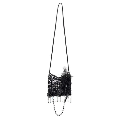 Boland 36000 - Flapper handbag, black, 19 x 19 cm, sequins, pearls, feather headdress, glitter, Charleston, 1920s, carnival, theme party, disguise, theatre, polyester