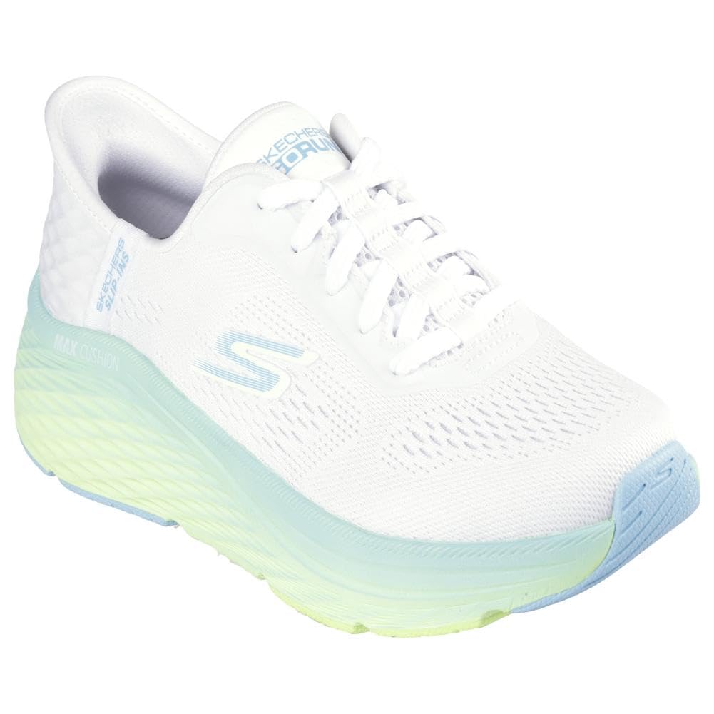 Skechers Women's Max Cushioning Elite 2.0 Solace Hands Free Slip-Ins Sneaker, White/Blue/Lime, 7