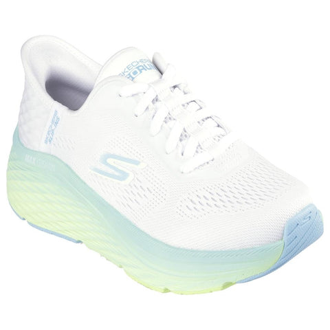 Skechers Women's Max Cushioning Elite 2.0 Solace Hands Free Slip-Ins Sneaker, White/Blue/Lime, 7