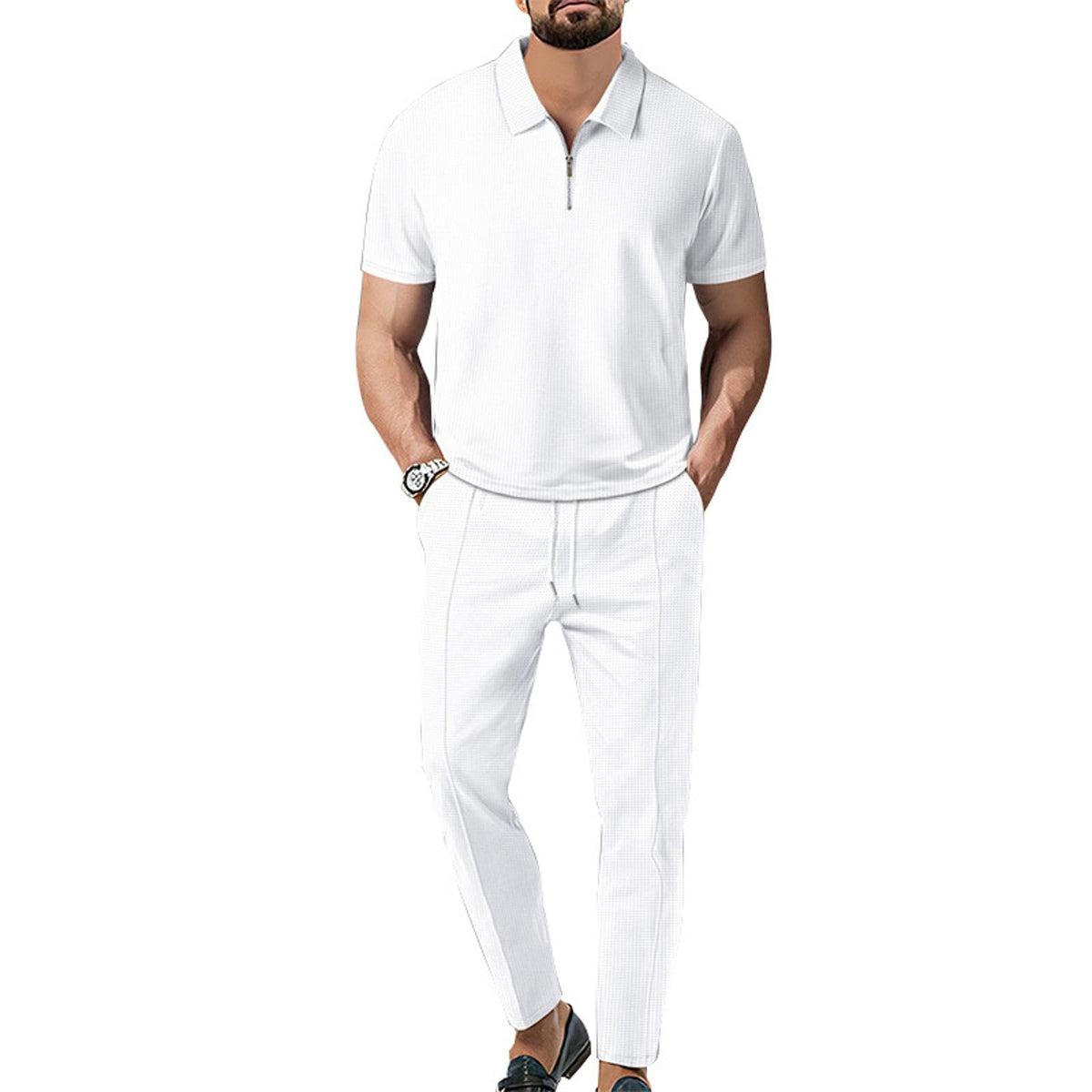 NAKEAH Men's Waffle Tracksuit Set Spring Summer Solid Color Lapel Short T Shirt & Pants Two Piece Set White S