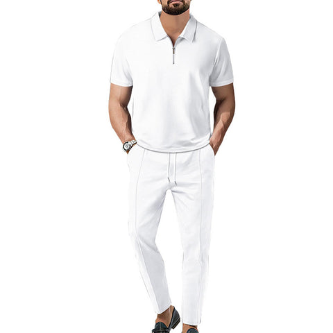 NAKEAH Men's Waffle Tracksuit Set Spring Summer Solid Color Lapel Short T Shirt & Pants Two Piece Set White S