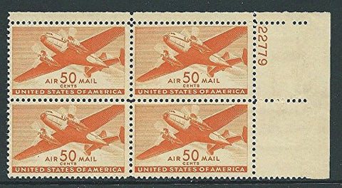 US 1941 50Ãƒâ€šÃ‚Â¢ Twin-Motored Transport #C31 Plate Block of Four Stamps