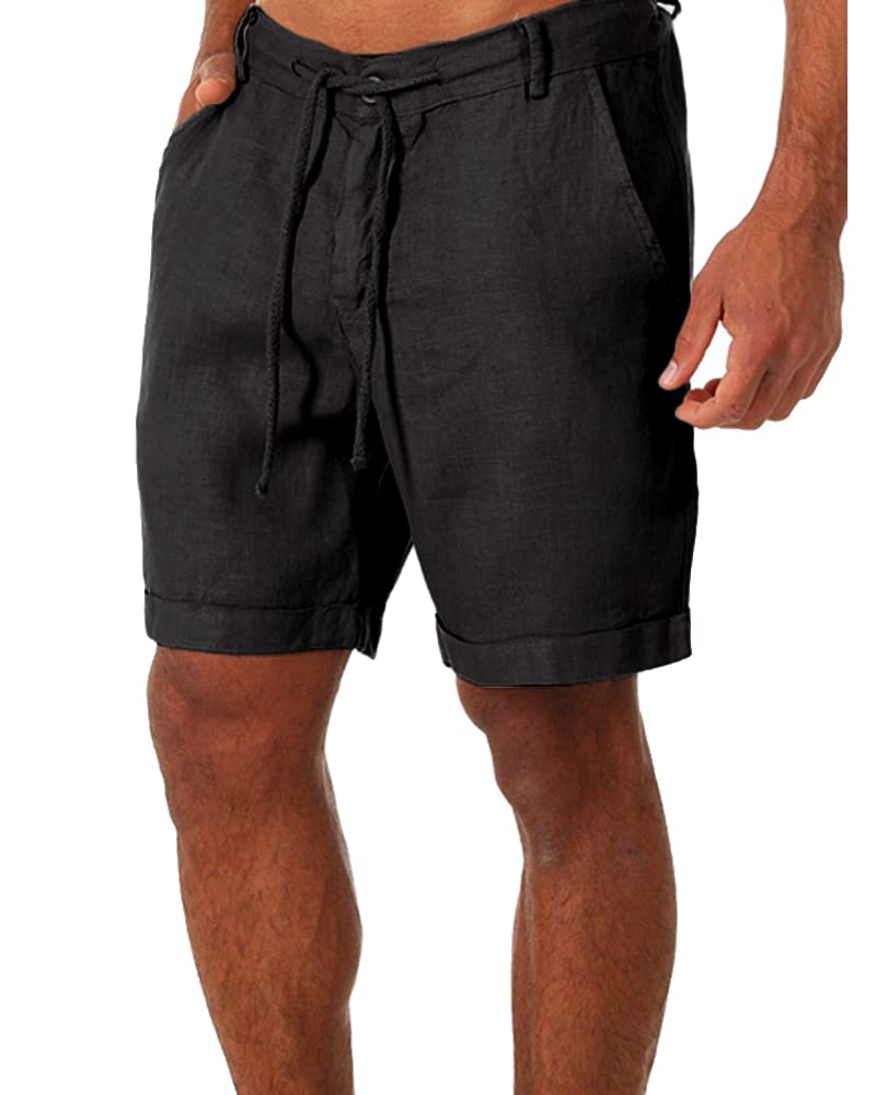 Men's Linen Casual Classic Shorts Elastic Waist Summer Beach Lightweight Board Slim-Fit with Pockets, Black, XX-Large