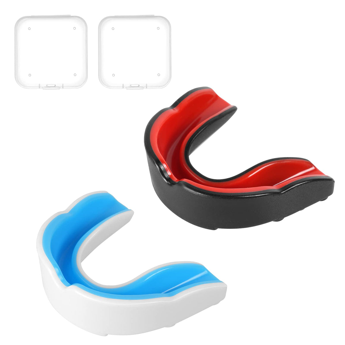 Flintronic 2 Pcs Children Youth Sports Mouthguard Gum Shield with Case, for Rugby Boxing Martial Arts Hockey MMA Karate Taekwondo and Other Contact Sports (Black Red + White Blue)