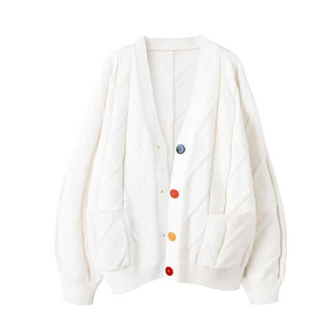 Women's Cable Knit Long Sleeve Open Front Cardigan Sheep V-Neck Button Down Embroidery Wool Blend Sweater Coat Outwear, Z-white, Medium