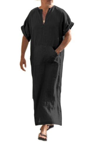COOFANDY Men's V-Neck Linen Robe Short Sleeve Kaftan Thobe Long Gown Casual Shirt for Beach, Summer (Black, Large)