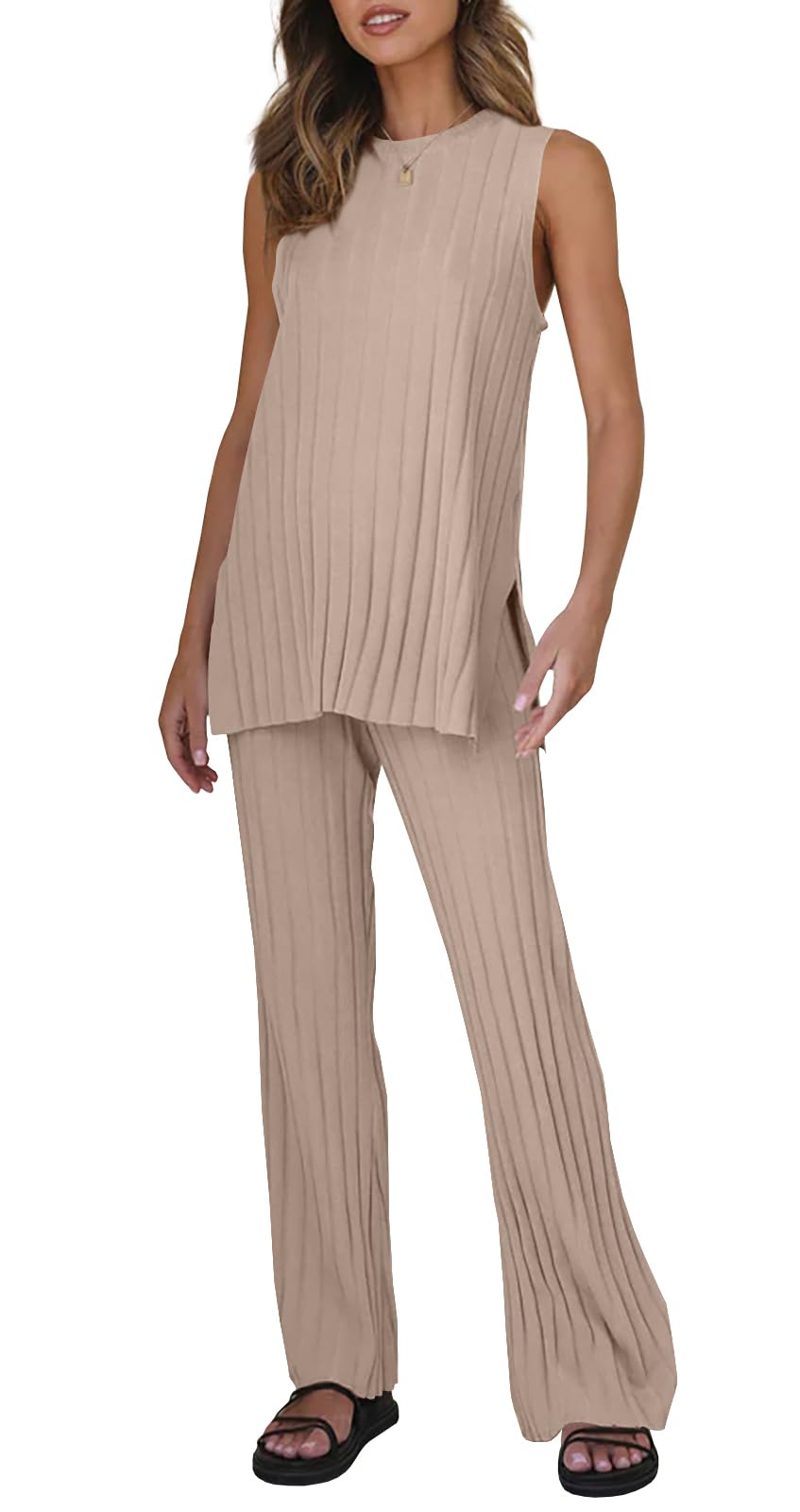 Tankaneo Two Pieces Outfits Sleeveless Top Knit Sets Trendy Lounge Long Pajamas Set Camel