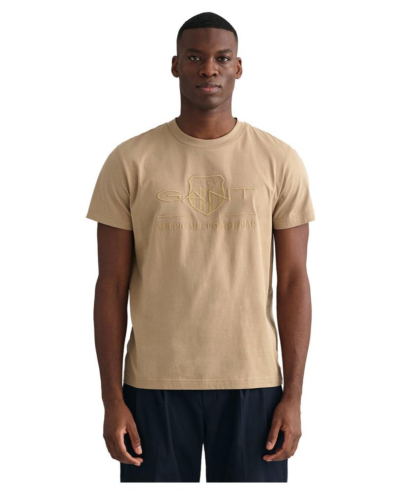 GANT Men's REG Tonal Shield SS T-Shirt, Concrete Beige, XL
