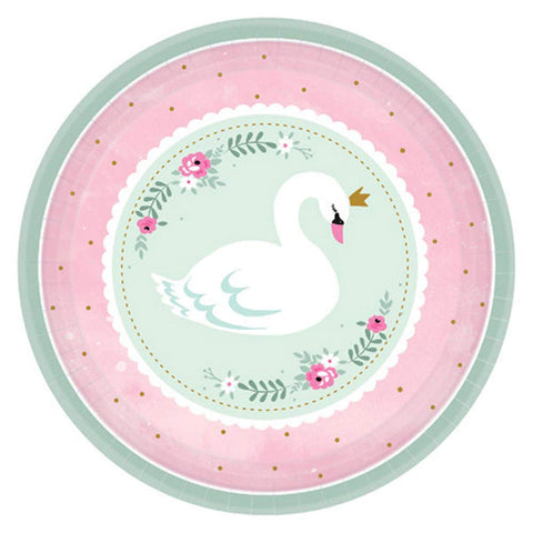 Girl Baby Shower, Swan Round Paper Plates, 7", 8 Ct.