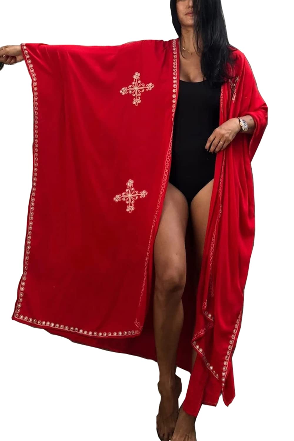 YouKD Embroidery Kimono Dress Long Cardigan Large Size Homewear Cover Up Dress for Women F Red