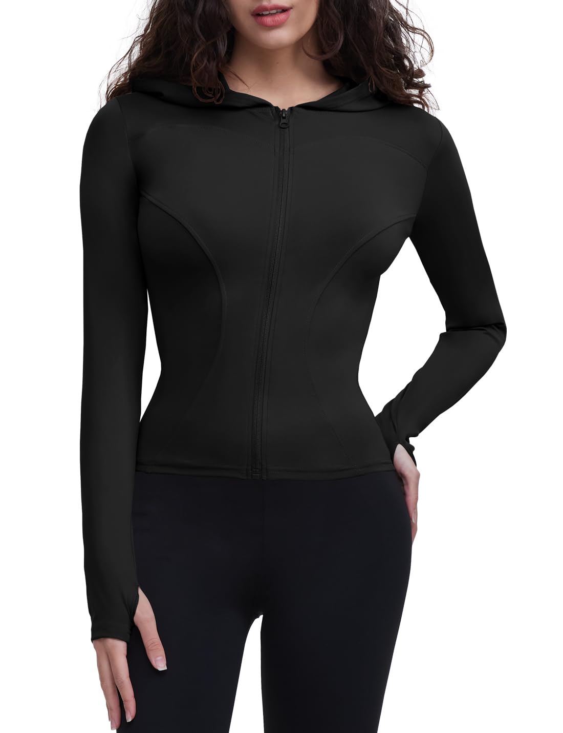 Locachy Women's Lightweight Stretchy Workout Full Zip Running Track Jacket with Thumb Holes, Style 03 Black, L