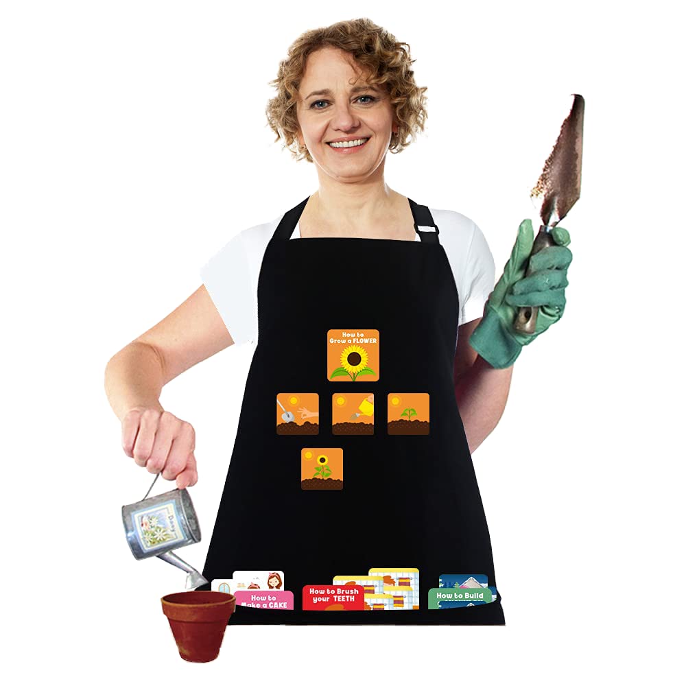 Mewise Black Apron for Teachers Storytelling,Teacher Apron with Pockets,DIY Story Teaching Apron for Kids,Funny Apron for Classroom,Kindergarten,Preschool Home School