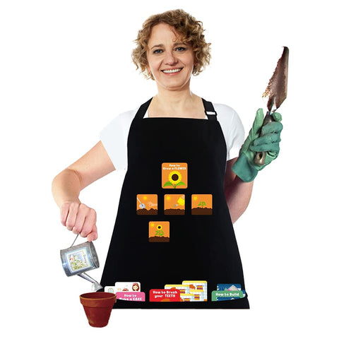 Mewise Black Apron for Teachers Storytelling,Teacher Apron with Pockets,DIY Story Teaching Apron for Kids,Funny Apron for Classroom,Kindergarten,Preschool Home School