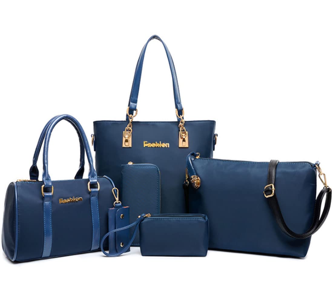 FiveloveTwo Women Ladies 6 Pcs Handbag Set Hobo Top Handle Bag Totes Satchels Crossbody Shoulder Bags and Purse Clutch Blue