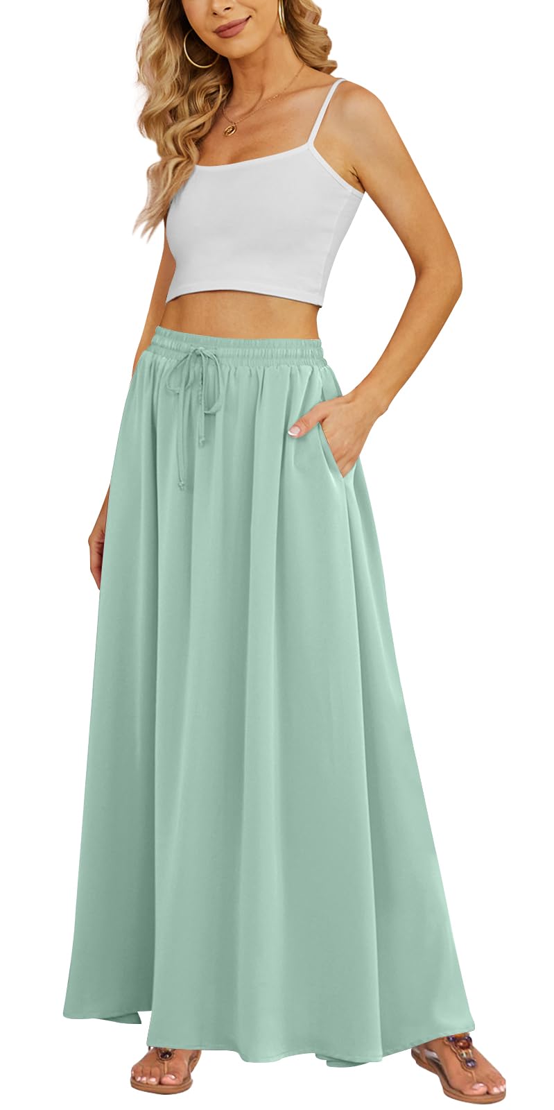 Yincro Women Flowy Maxi Skirt Summer Pleated High Waisted Casual Long Skirts with Pockets (Light Cyan, M)
