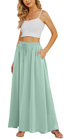 Yincro Women Flowy Maxi Skirt Summer Pleated High Waisted Casual Long Skirts with Pockets (Light Cyan, M)