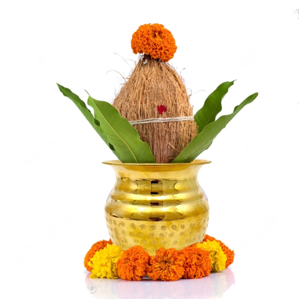 Hashcart Kalash for Puja, Kalasham for Puja - Brass Lota for Puja Pot Wedding Purpose [Height -9 cms, Size -Small ] Brass Vessel Indian, Indian Brass Decor