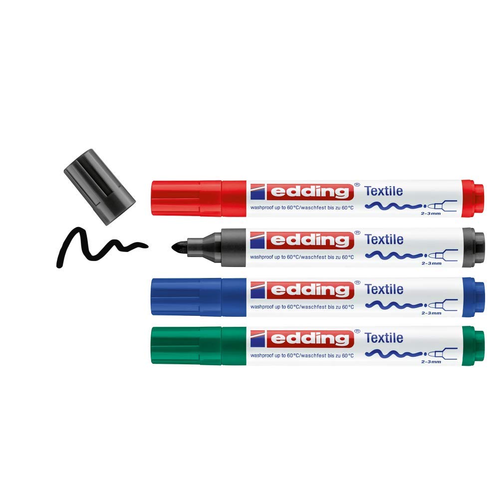 edding 4500 textile marker - black, red, blue, green - set of 4 - round nib 2-3 mm - permanent fabric markers for drawing on textiles, wash-resistant up to 60°C - marker pens for fabric lettering