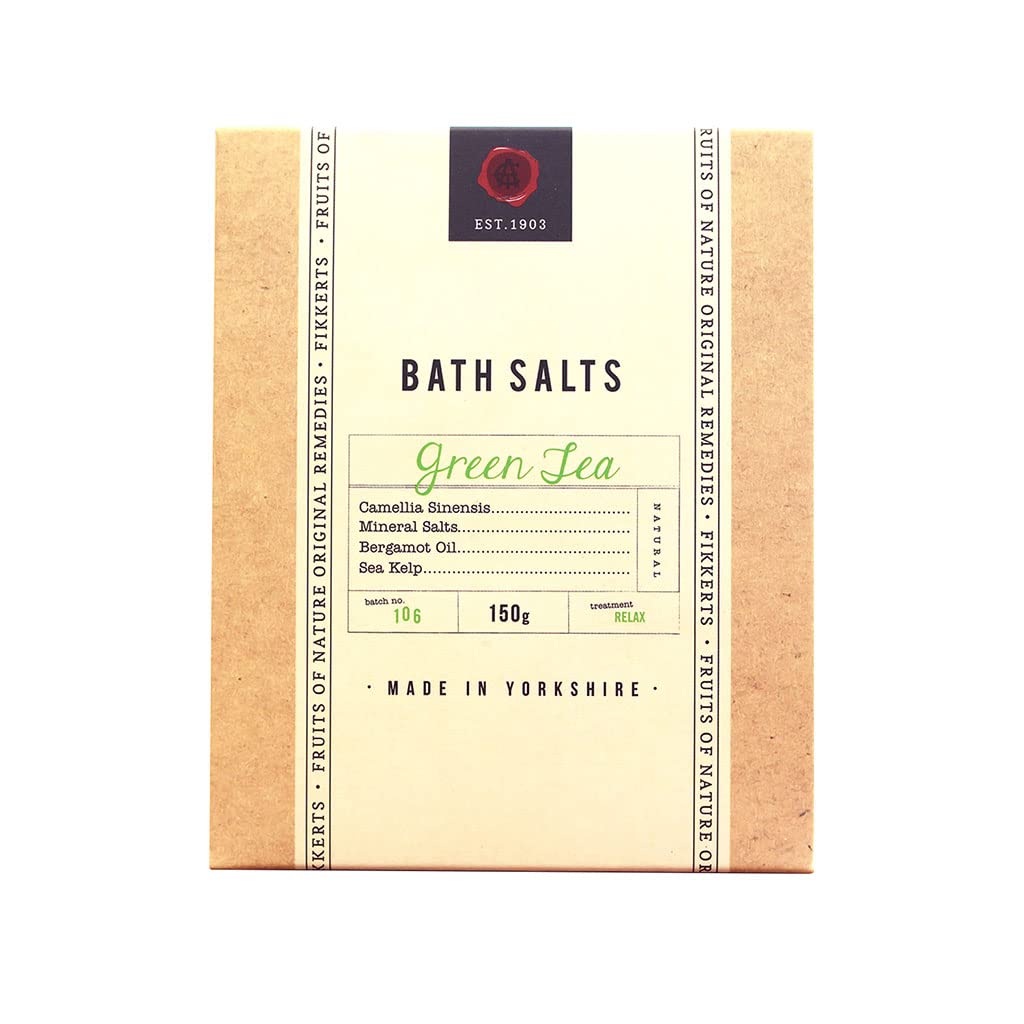 Fikkerts Fruits of Nature Green Tea Soothing and Relaxing Bath Salts (150g) with Lively, Herbal Citrus Tones, Vegan Plant Based