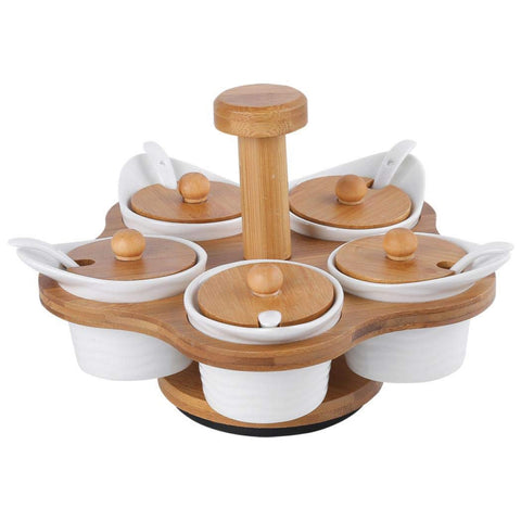 Porcelain Condiment Jar Spice Container with Lids,Bamboo Cap Holder Spot, Ceramic Serving Spoon, Wooden Tray ,Pottery Pot for Sugar Coffee Salt Spices and Pepper