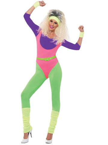 Smiffys 80s Work Out Costume, with Jumpsuit, Neon, M - UK 12-14