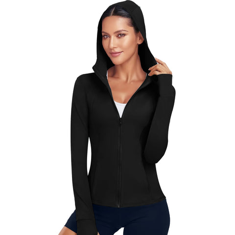 Xyvolix Hooded Women's Athletic Full Zip Lightweight Workout Jacket with Pockets and Thumb Holes Black, Black, S