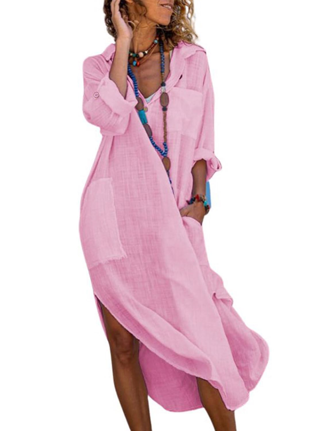 utcoco Womens Casual Loose Cotton Linen Long Shirt Dress Lapel Button Cuffed Sleeve Side Split Dresses with Pockets (X-Large, Pink)