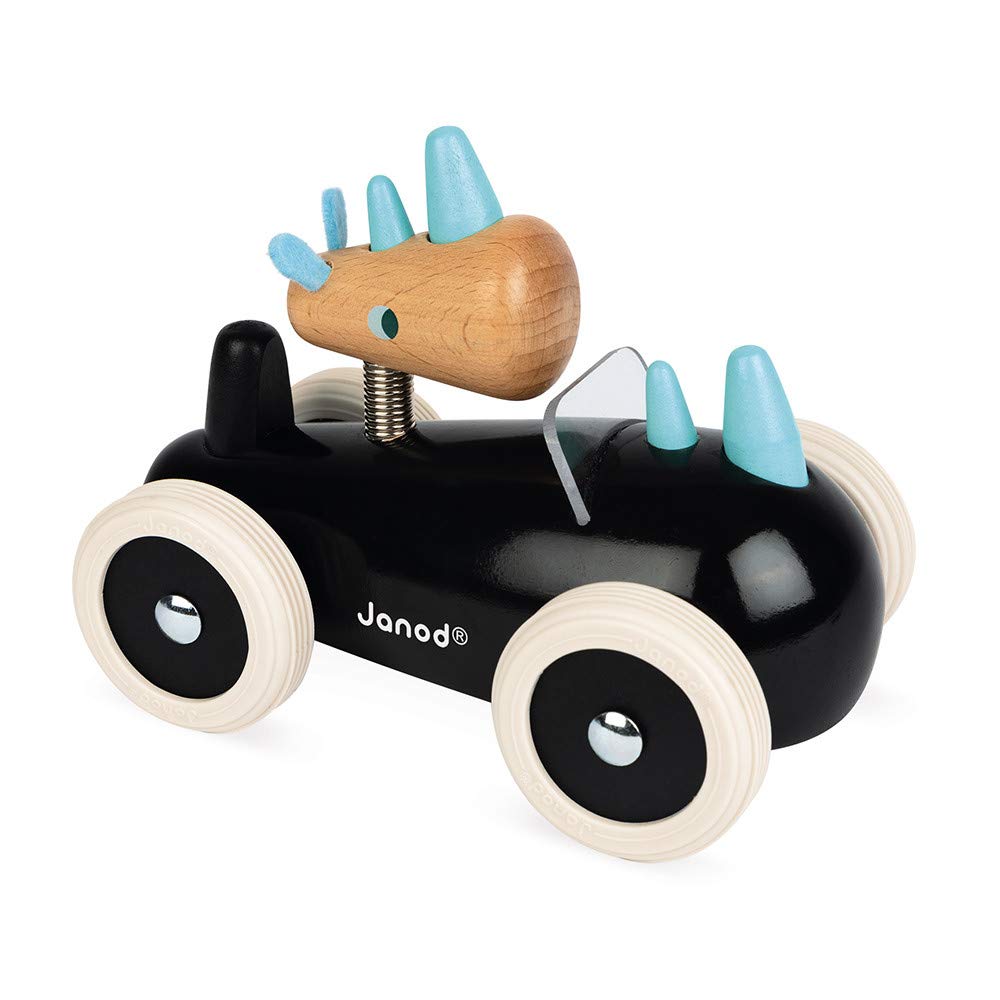 Janod Spirit Wood Car Push Toy - Rony Rhino - Ages 18 Months+ - J04492