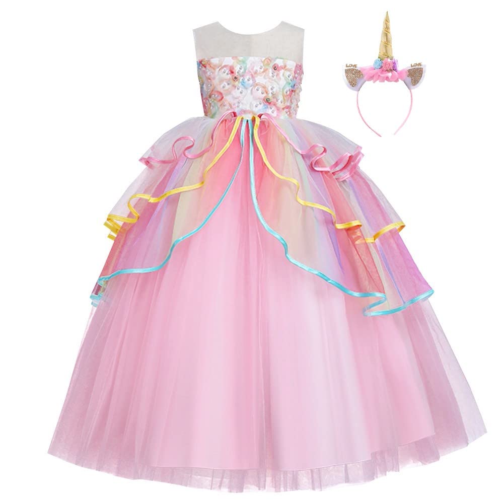 HIHCBF Girls Unicorn Costume Pageant Princess Party Flower Dress Wedding Birthday Halloween Carnival Long Maxi Gown w/Headband Pink 9-10T