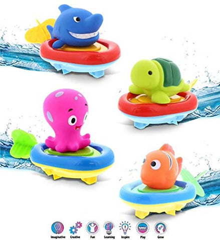 DolliBu Sea Life Boat Racers Bundle Set of 4 - 3-in-1 Bath Toy Pull & Go Floating Water & Floor Racing Finger Puppet for Pool, Bathtub & Outdoor - Shark, Octopus, Sea Turtle, Orange Reef Fish - 4 Pack