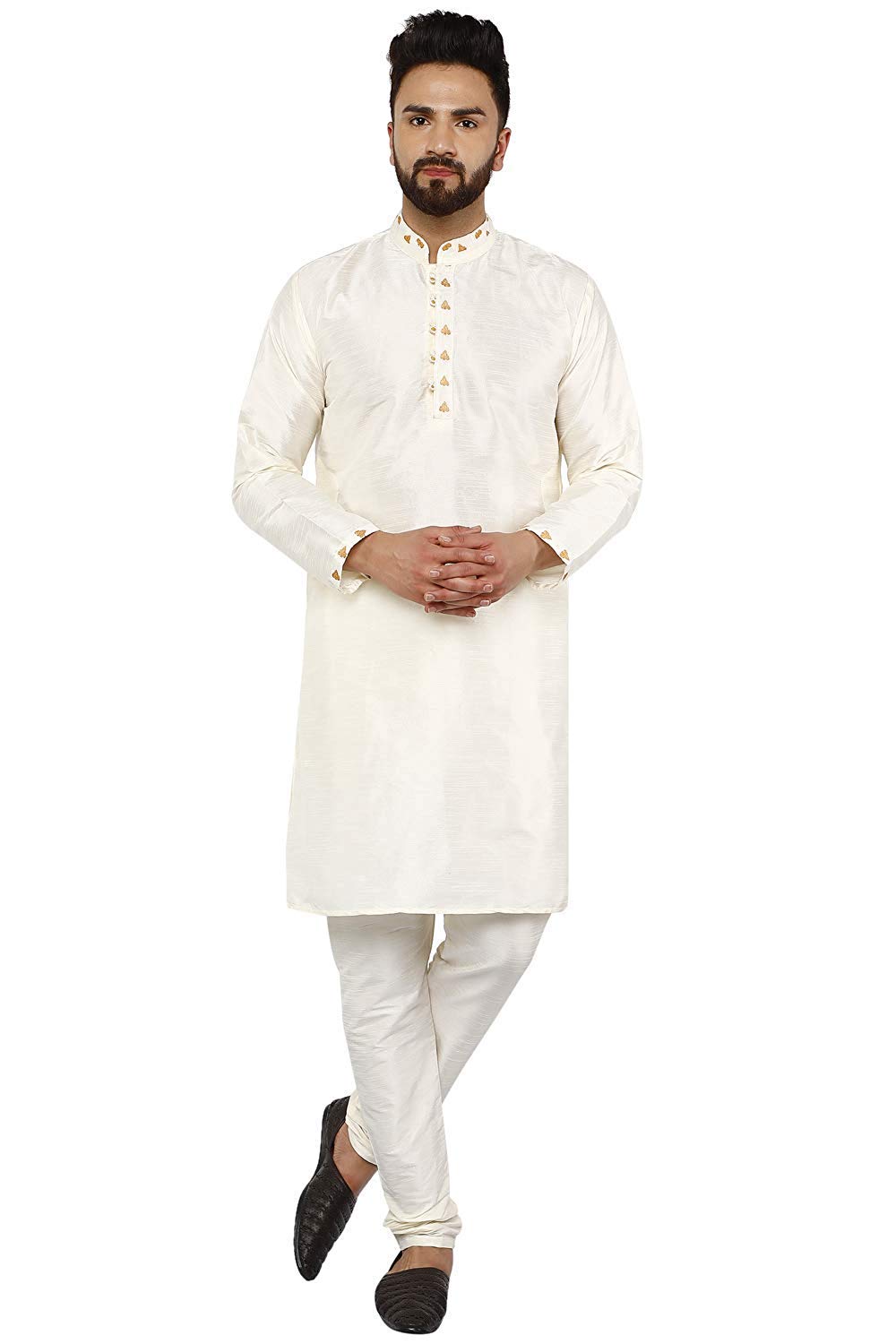 SKAVIJ Men's Tunic Art Silk Kurta Pajama Set Ethnic Indian Party Wear Dress Suit (Large, Off-White)