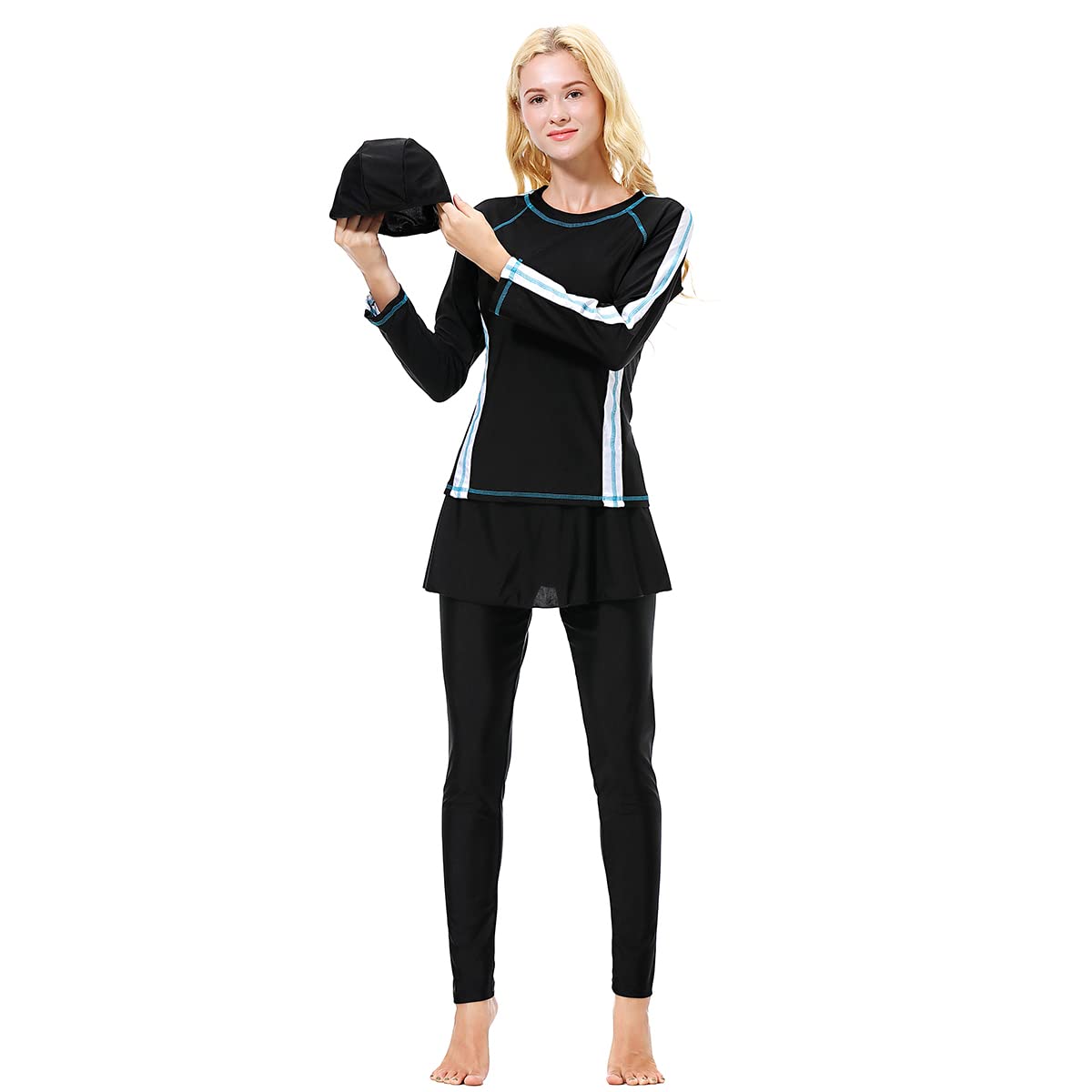 Modest Muslim Swimsuits for Women: Burkini Islamic Swimwear Long Sleeve Full Covered Hijab Swim Shirts Pants Skirted Leggings Swim Cap Wetsuit 3 Piece Bathing Suits Rash Guard Black + White Small