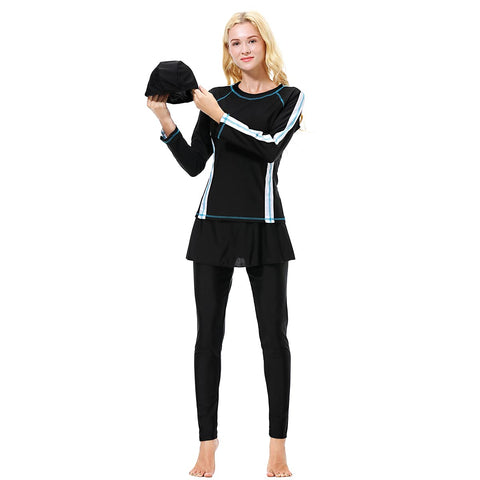 Modest Muslim Swimsuits for Women: Burkini Islamic Swimwear Long Sleeve Full Covered Hijab Swim Shirts Pants Skirted Leggings Swim Cap Wetsuit 3 Piece Bathing Suits Rash Guard Black + White Small