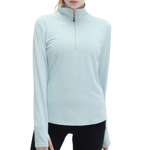 SHEKINI Women Cool Shirts Running Tops Long Sleeve 1/4 Zip Summer Quick Dry Hiking Shirts Sun Protection Golf Sport Gym Pullover Cyan