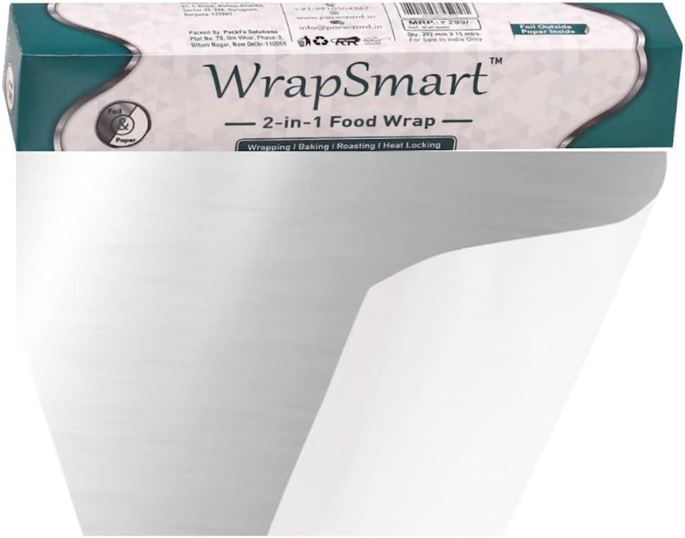 WrapSmart 2 in 1 Food Wrap | Aluminium Foil Plus Butter Paper | Foil Paper for Kitchen | Food Wrap | Food Parcel | Fresh Food | Moisture Balancing | Heat Locking | 20 metre x 11.5 inches