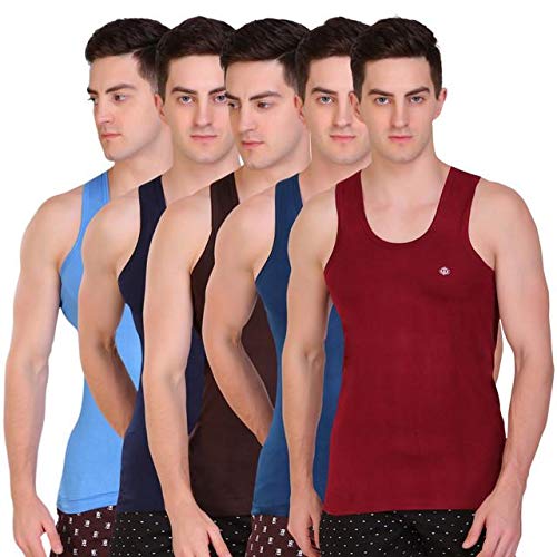T.T. Men Solid Dyed Vest Pack of 5, Multicolour, 100CM