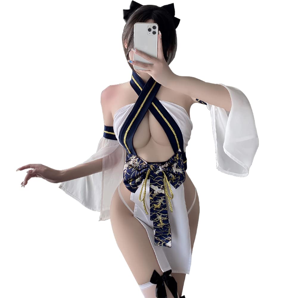 QNCLO Women's cosplay sexy pajamas Chinese cheongsam Japanese geisha dance underwear (white1)