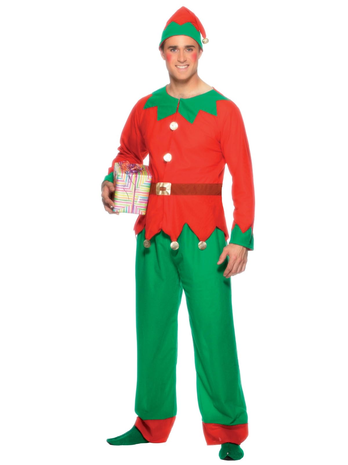 Smiffys Elf Costume, Red & Green with Top, Trousers & Hat, Christmas Adult Fancy Dress, Elf Dress Up Costumes