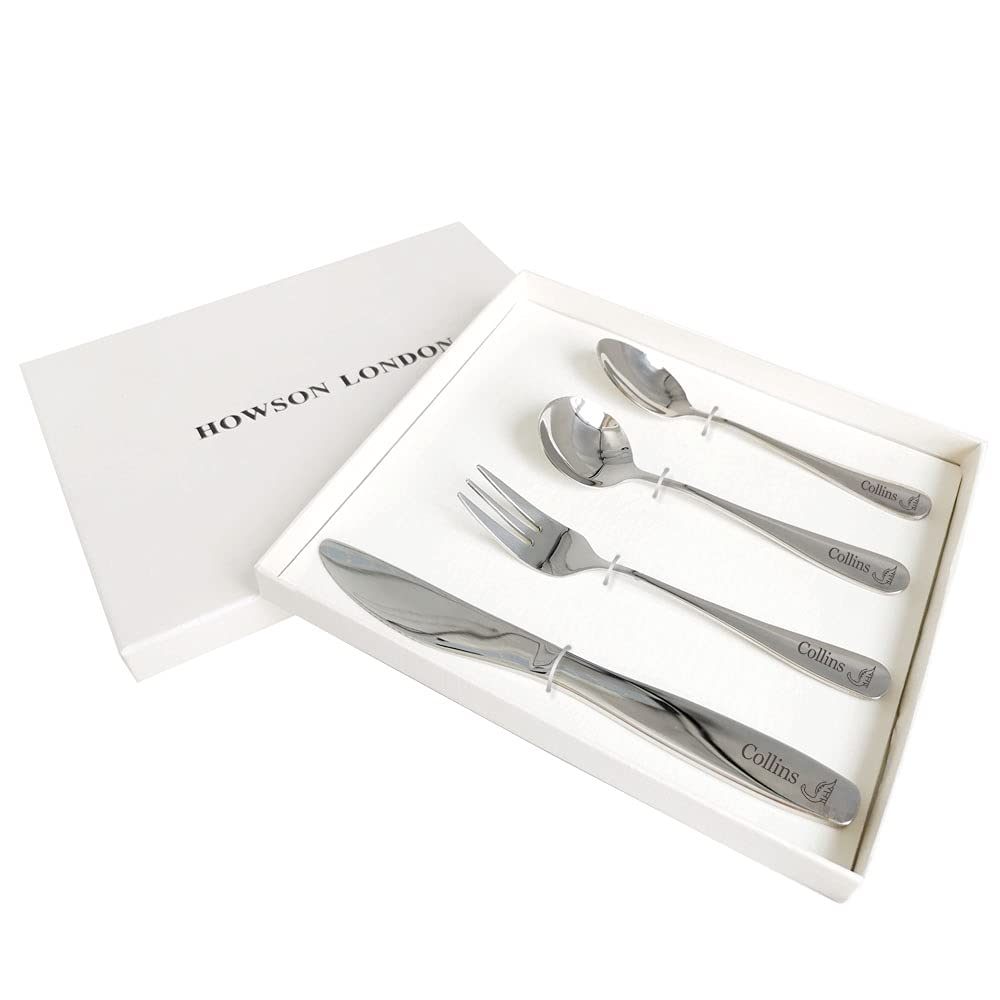 Personalised Childrens Cutlery Set Engraved Kid Knife Fork Spoon 4pcs Stainless Steel Kids Toddler Cutlery Set Gift with Any Name with Gift Box for Christmas Hand Finished in UK (Dinasour)