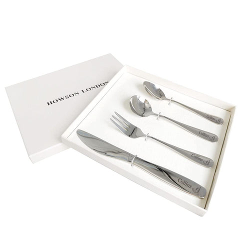 Personalised Childrens Cutlery Set Engraved Kid Knife Fork Spoon 4pcs Stainless Steel Kids Toddler Cutlery Set Gift with Any Name with Gift Box for Christmas Hand Finished in UK (Dinasour)