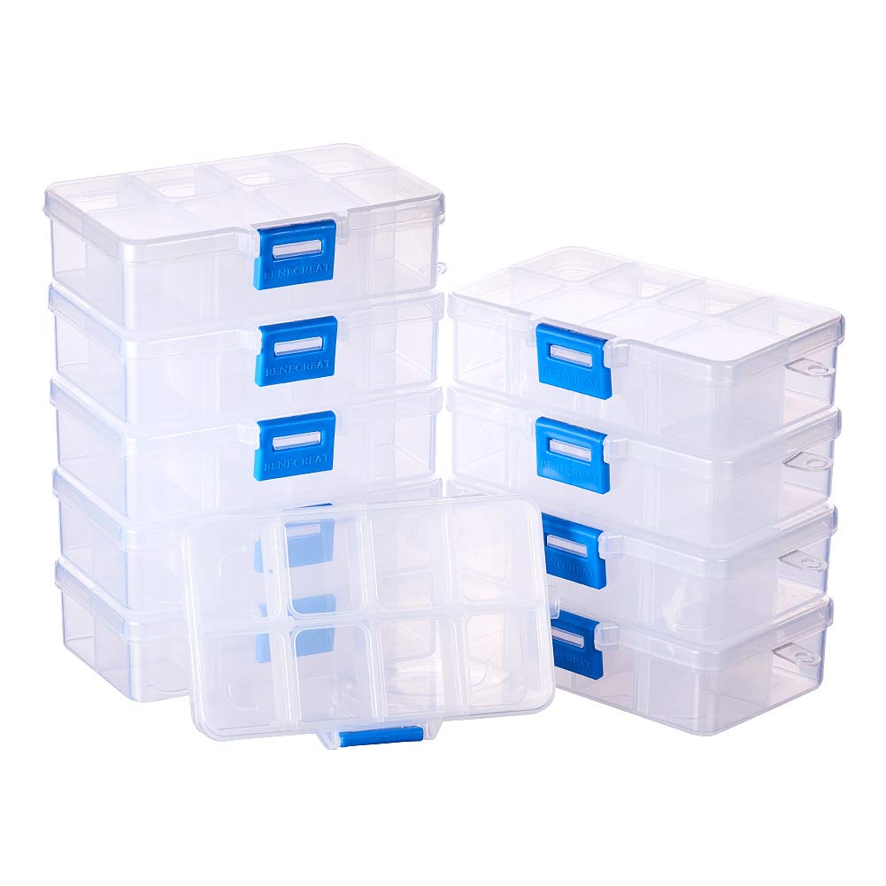 BENECREAT 10 PACK 8 Grids Plastic Storage Box Jewellery Box with Adjustable Dividers Earring Storage Containers for Sewing, Crafting, Beading(11x6.9x3cm, Compartment: 3x2.5cm)