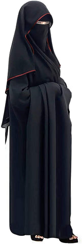 Saudi Chiffon First Class Quality Long Saudi Niqab Burqa Hijab Face Cover Veil Islam Islamic Jilbab (Black x Dark Red Satin)
