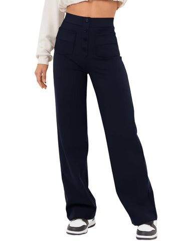 Flygo Womens High Waisted Multiple Pockets Straight Leg Flexipants Stretchy Work Trousers Button Down Casual Pants(Navy-M)