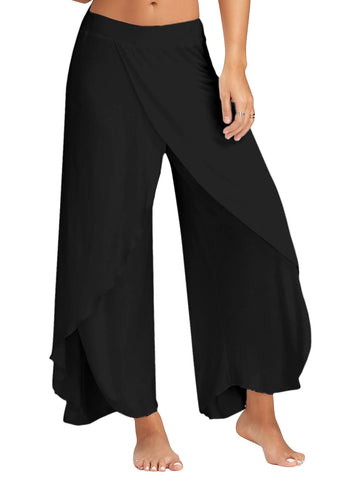 Chilomate Womens Boho Split Wide Leg Pants High Waist Palazzo Vacation Beach Trousers MY104, Black, Large