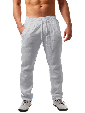 PASLTER Men Casual Linen Pants Elastic Waist Summer Loose Fit Trousers Straight-Legs Long Beach Yoga Pant