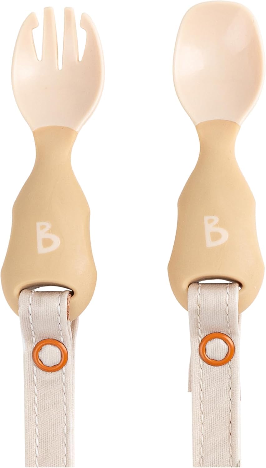 BIBaDO - Handi Toddler Cutlery Set, Food Safe Baby Cutlery, Toddler Fork and Spoon Set, Toddler Eating Utensils for Babies 6 Months and Up, Also Attaches to BIBaDO Coverall Bib - Fawn