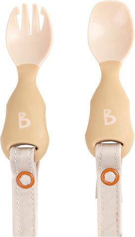 BIBaDO - Handi Toddler Cutlery Set, Food Safe Baby Cutlery, Toddler Fork and Spoon Set, Toddler Eating Utensils for Babies 6 Months and Up, Also Attaches to BIBaDO Coverall Bib - Fawn