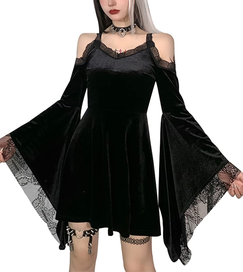 Gothic Flare Sleeve Velvet Vintage Lace Aesthetic Velvet Women Harajuku Off Shoulder Party Elegant Dress Thigh High Medium