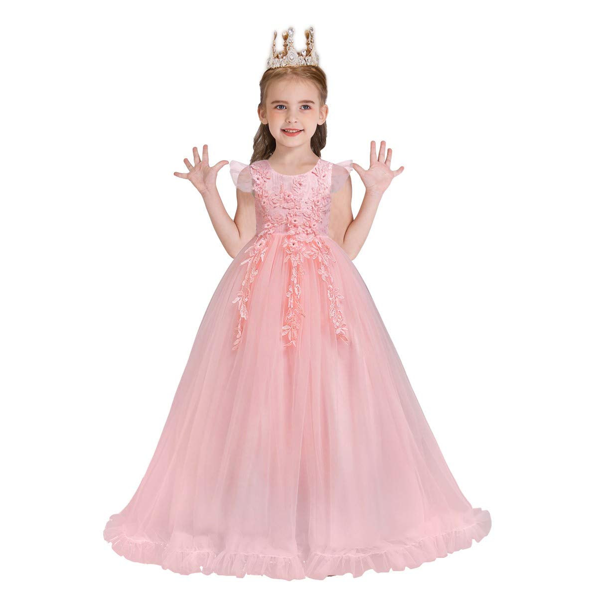 HIHCBF Flower Girls Embroidered Lace Princess Communion Dress Ruffle Tulle Wedding Birthday Pageant Evening Ball Gown Pink 5-6T